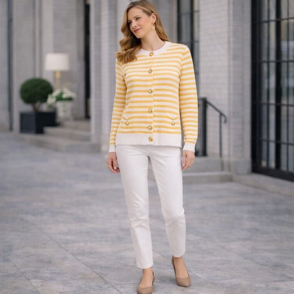 ANNA KAY‎ Crystale Cardigan LARGE Striped Knit FRANCE MADE Floral Gold Button